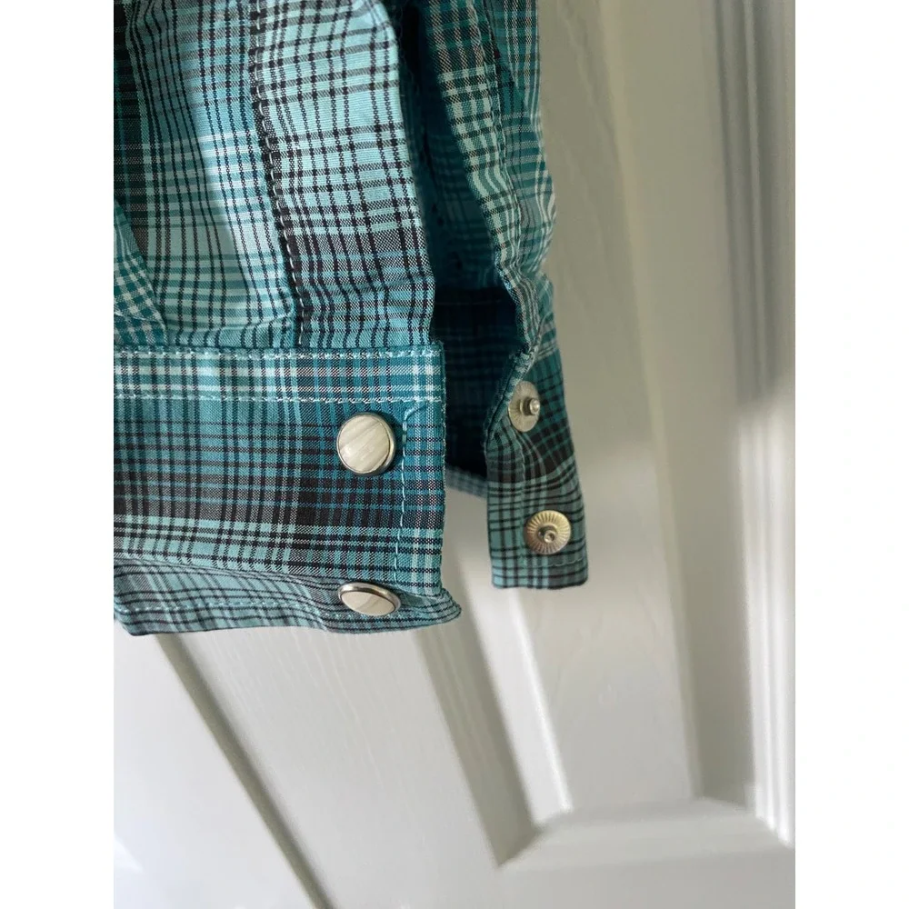 Wrangler Western Snap Shirt Kids XL Teal Plaid Cowboy Rodeo Logo Boho